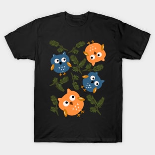 Owl And Pine Tree Pattern On Dark Blue T-Shirt